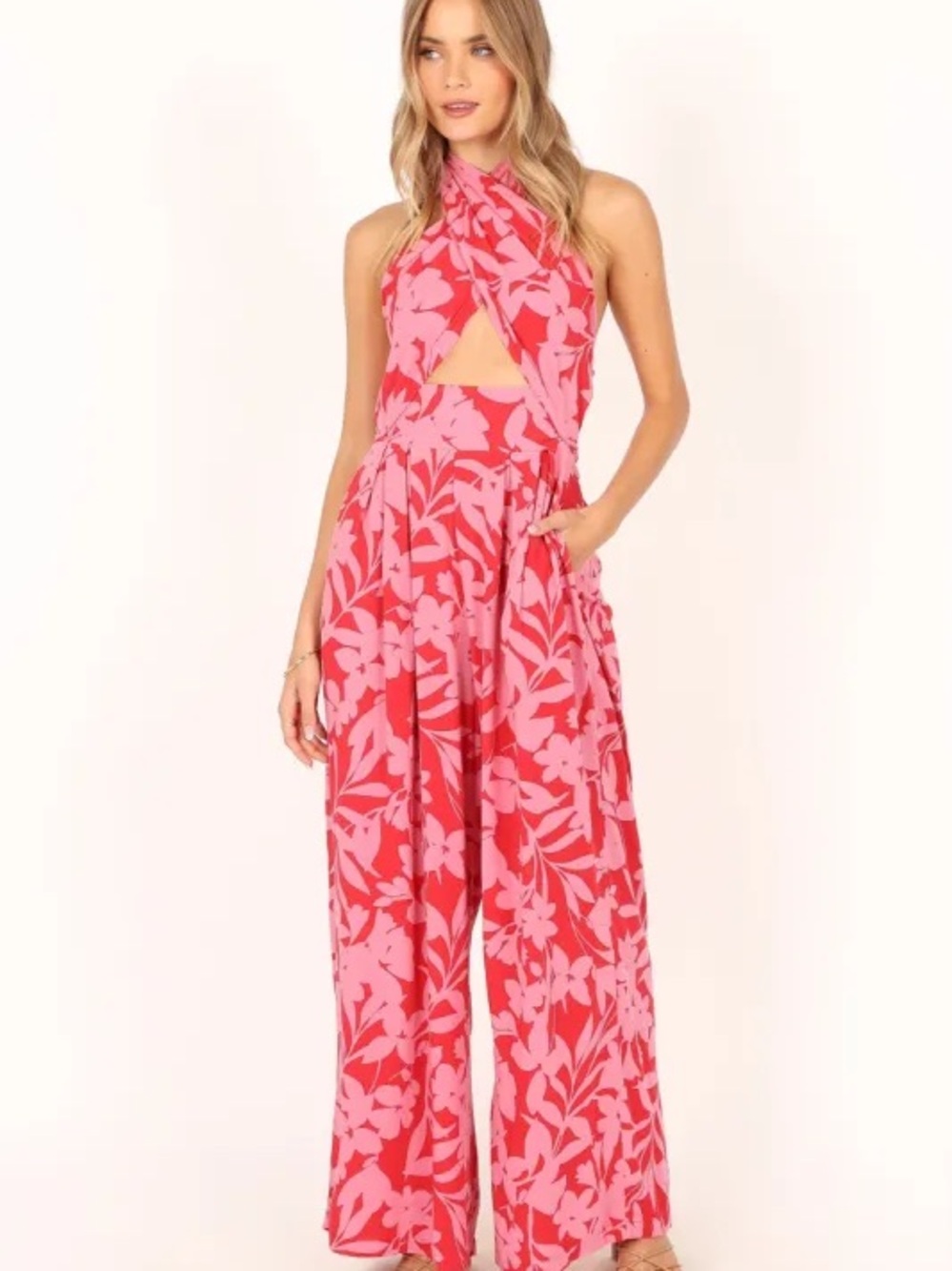 NWT Petal & Pup Pink Floral Halter Wide-Leg Jumpsuit - Size L